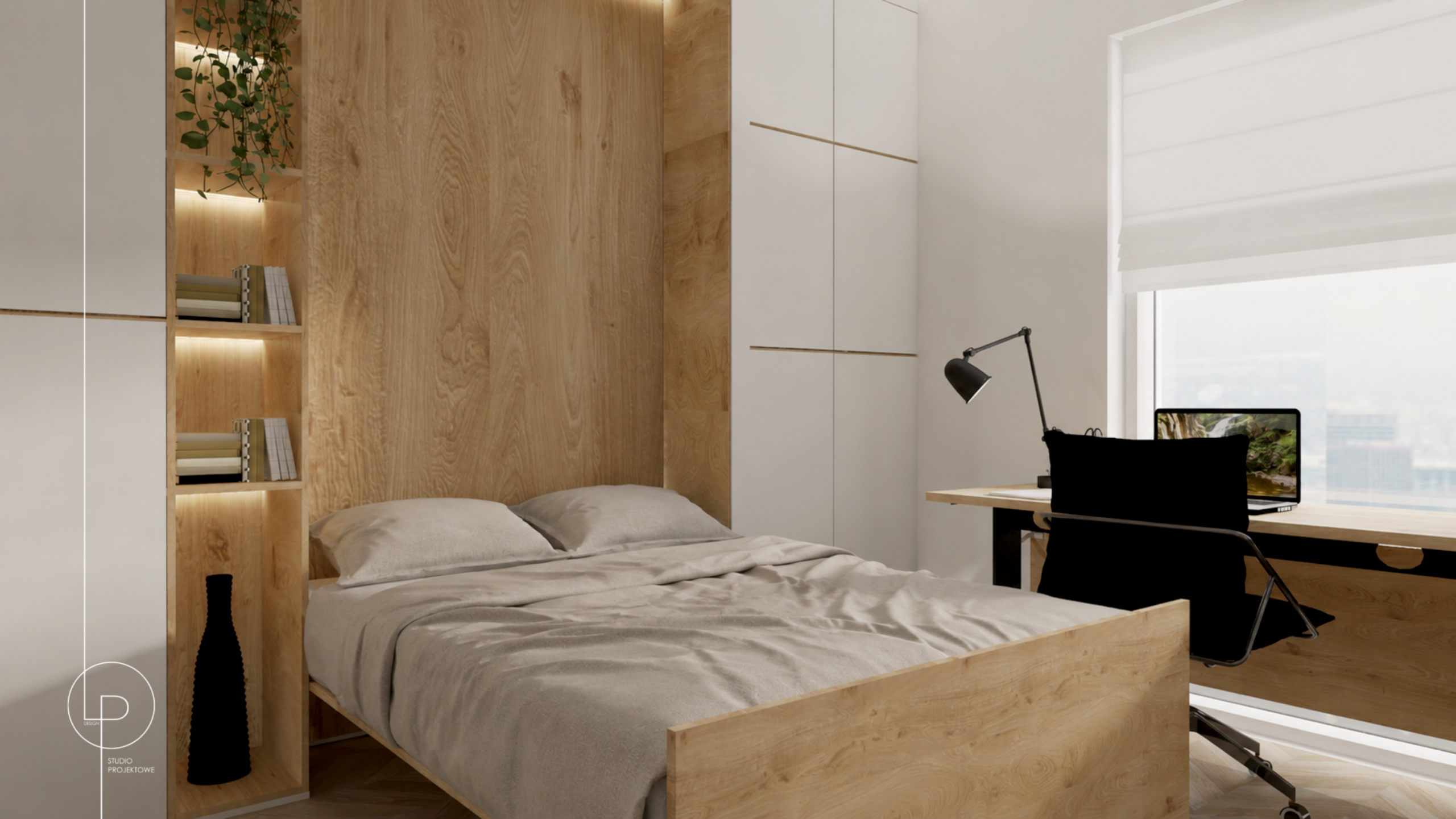 Biuro z murphy's bed chowanym w zabudowie meblowej
